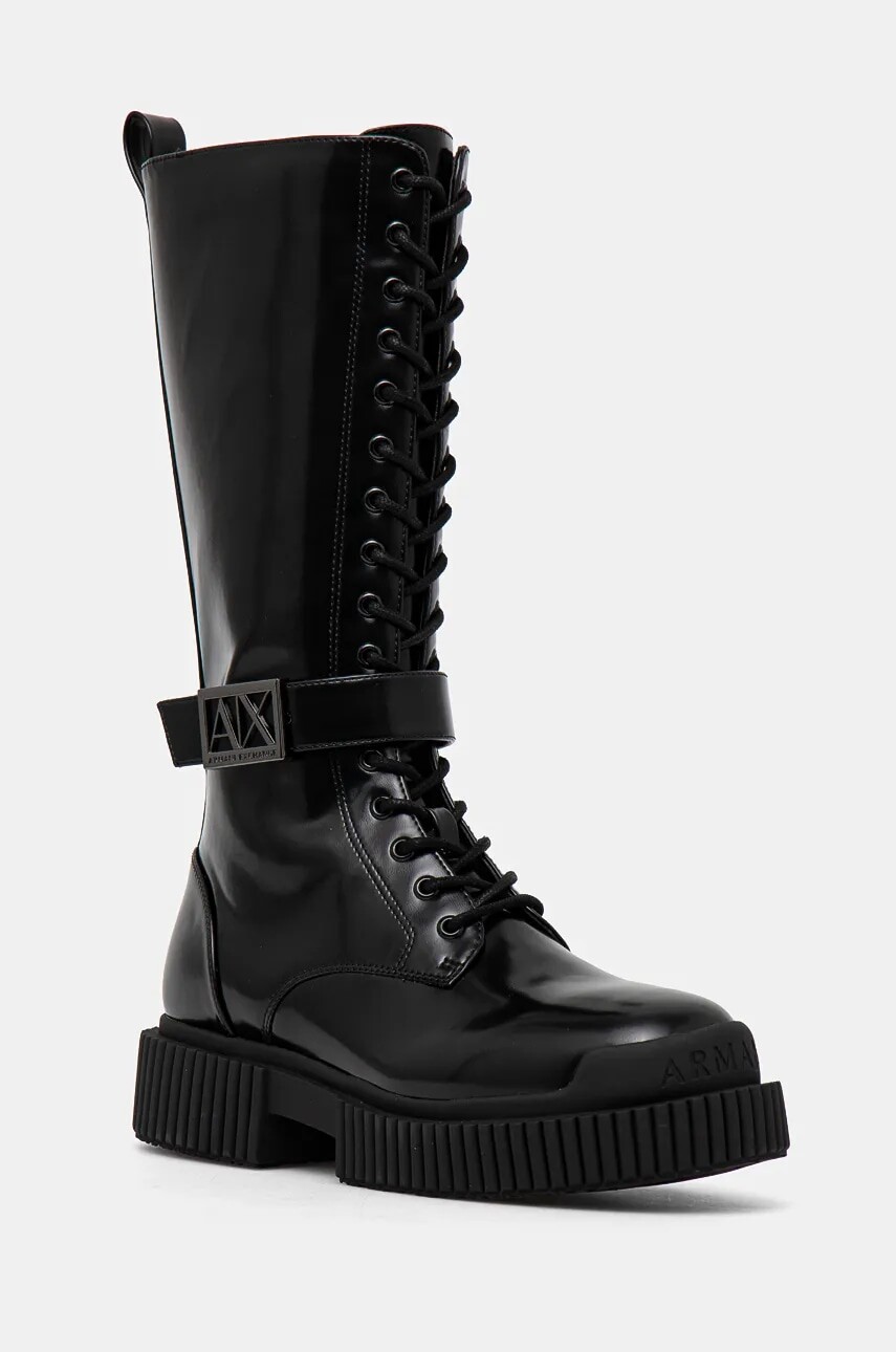 Vysoké čižmy Armani Exchange dámske, čierna farba, na platforme, XDO017 XV876 00002