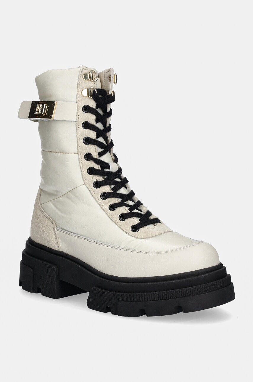 Členkové topánky Tommy Hilfiger BIKER LEATHER MIX LACE-UP dámske, biela farba, na plochom podpätku, FW0FW08246