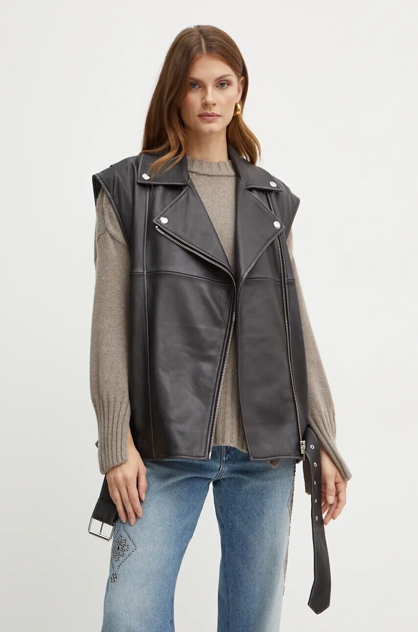 Kožená vesta Weekend Max Mara dámska, čierna farba, prechodná, 2425446012600