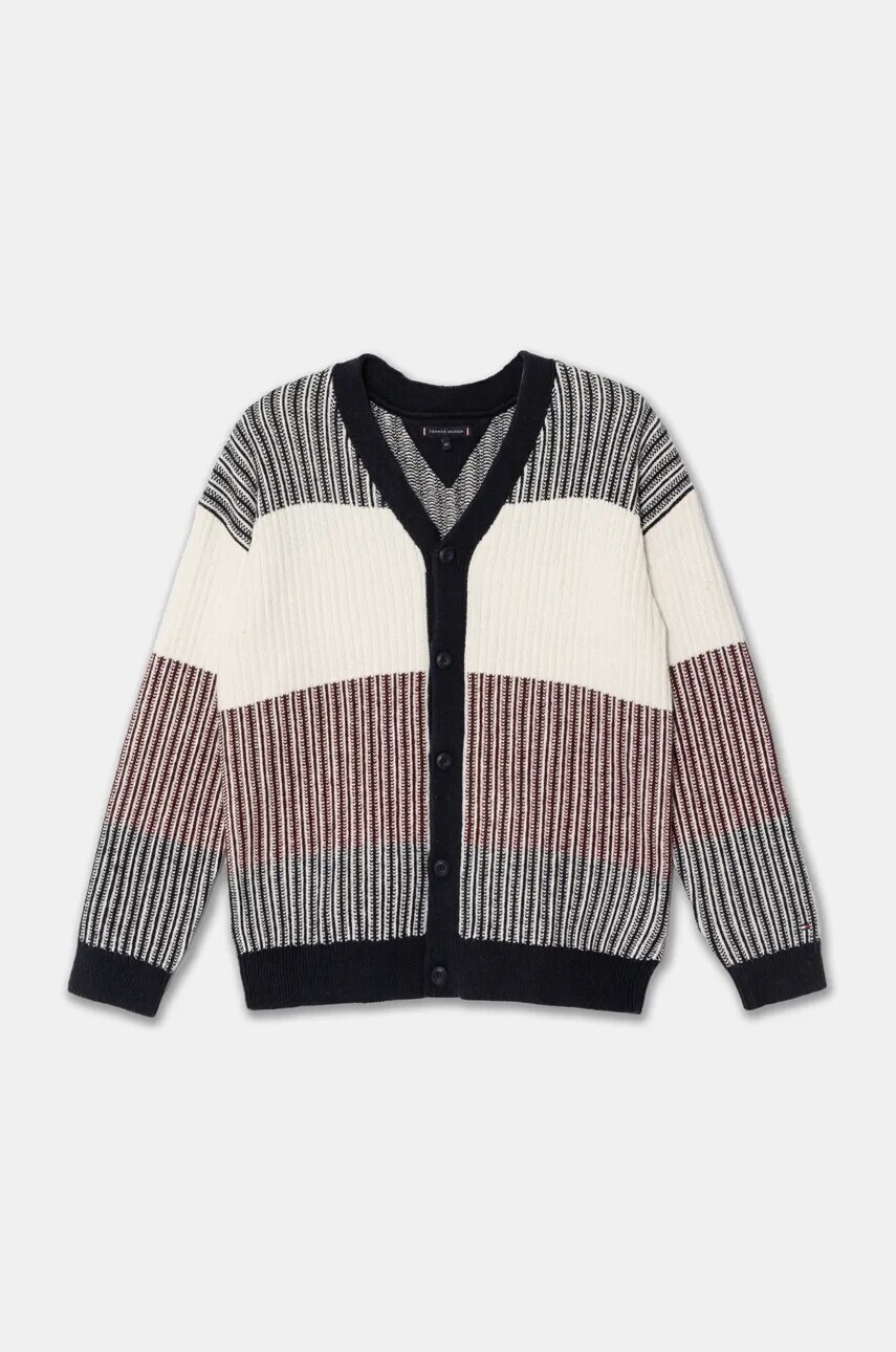 Detský kardigan s prímesou vlny Tommy Hilfiger tmavomodrá farba, teplý, KB0KB09395