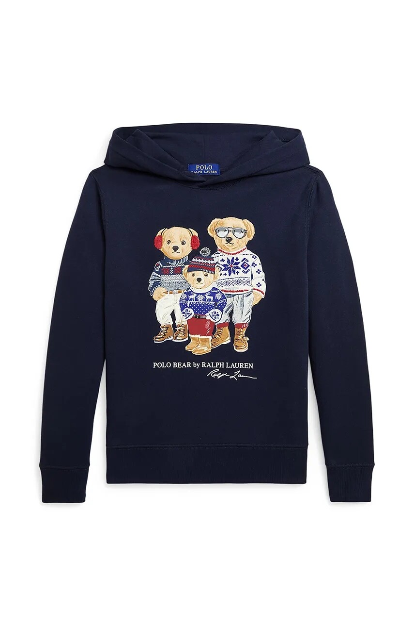 Detská mikina Polo Ralph Lauren tmavomodrá farba, s kapucňou, s potlačou, 323953042001