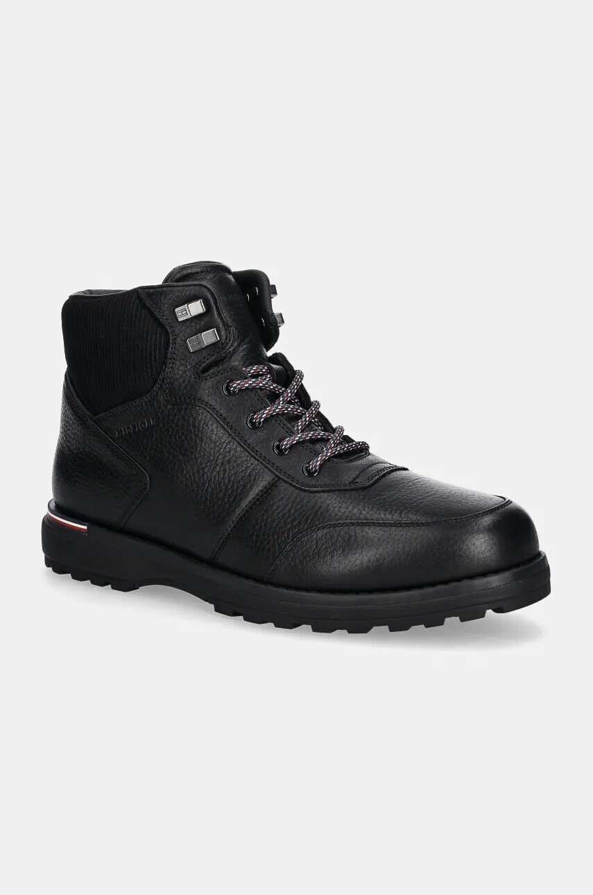 Kožená obuv Tommy Hilfiger CORPORATE WARM OUTDOOR LTH BOOT pánska, čierna farba, FM0FM05148