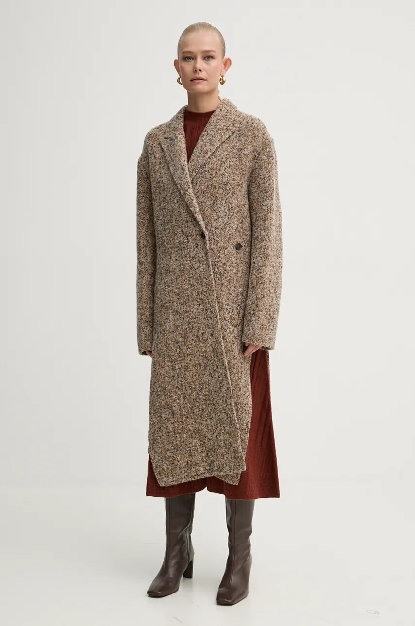Vlnený kabát AERON béžová farba, prechodný, oversize, CO122453