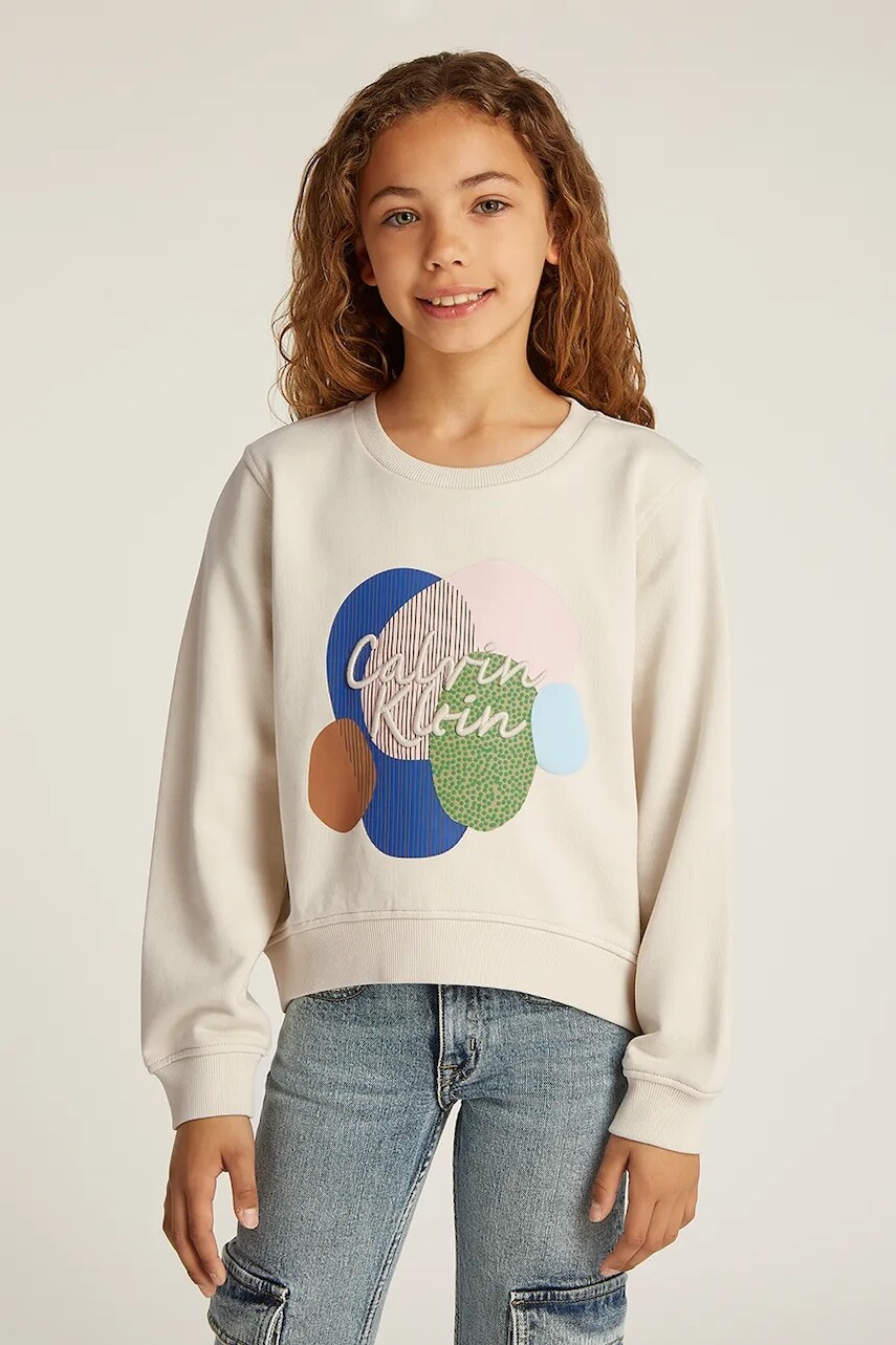 Detská mikina Calvin Klein Jeans béžová farba, s nášivkou, IG0IG02756