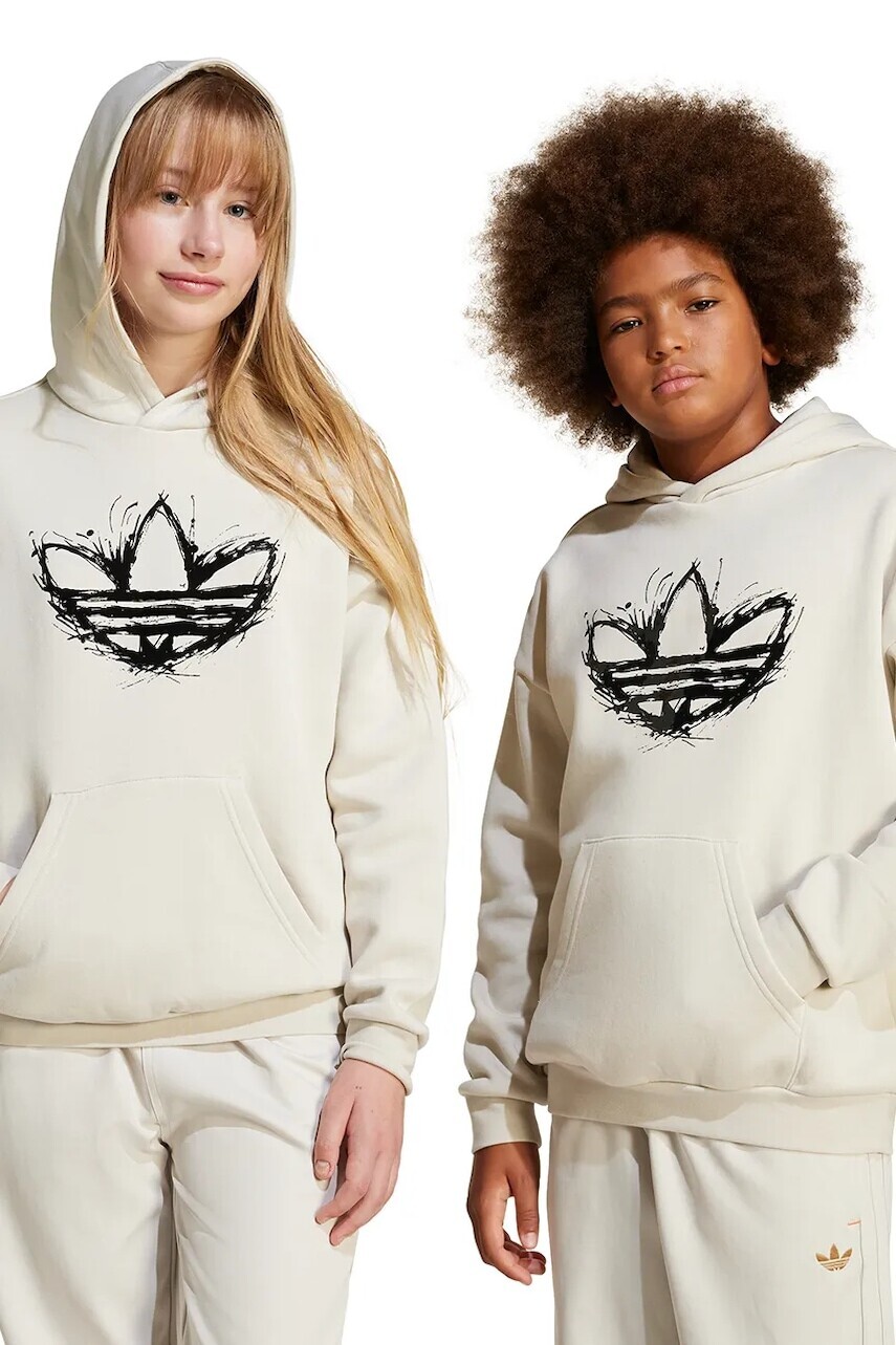 Detská mikina adidas Originals béžová farba, s kapucňou, s nášivkou, JD0366