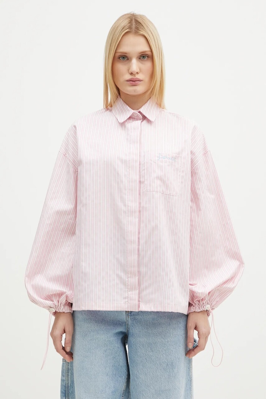 Bavlnená košeľa Fiorucci Elasticated Balloon Sleeve dámska, ružová farba, voľný strih, s klasickým golierom, W01FPTLO170CO01PN03