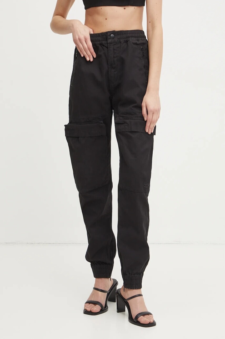 Bavlnené nohavice Diesel P-RIDE-Q3 TROUSERS čierna farba, strih cargo, vysoký pás, A17383.0NJBP