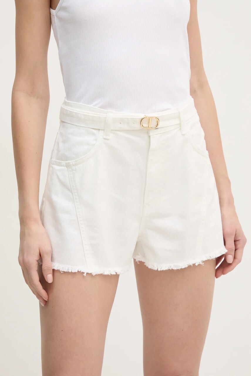 Rifľové krátke nohavice Twinset dámske, béžová farba, jednofarebné, vysoký pás, 251TP2593