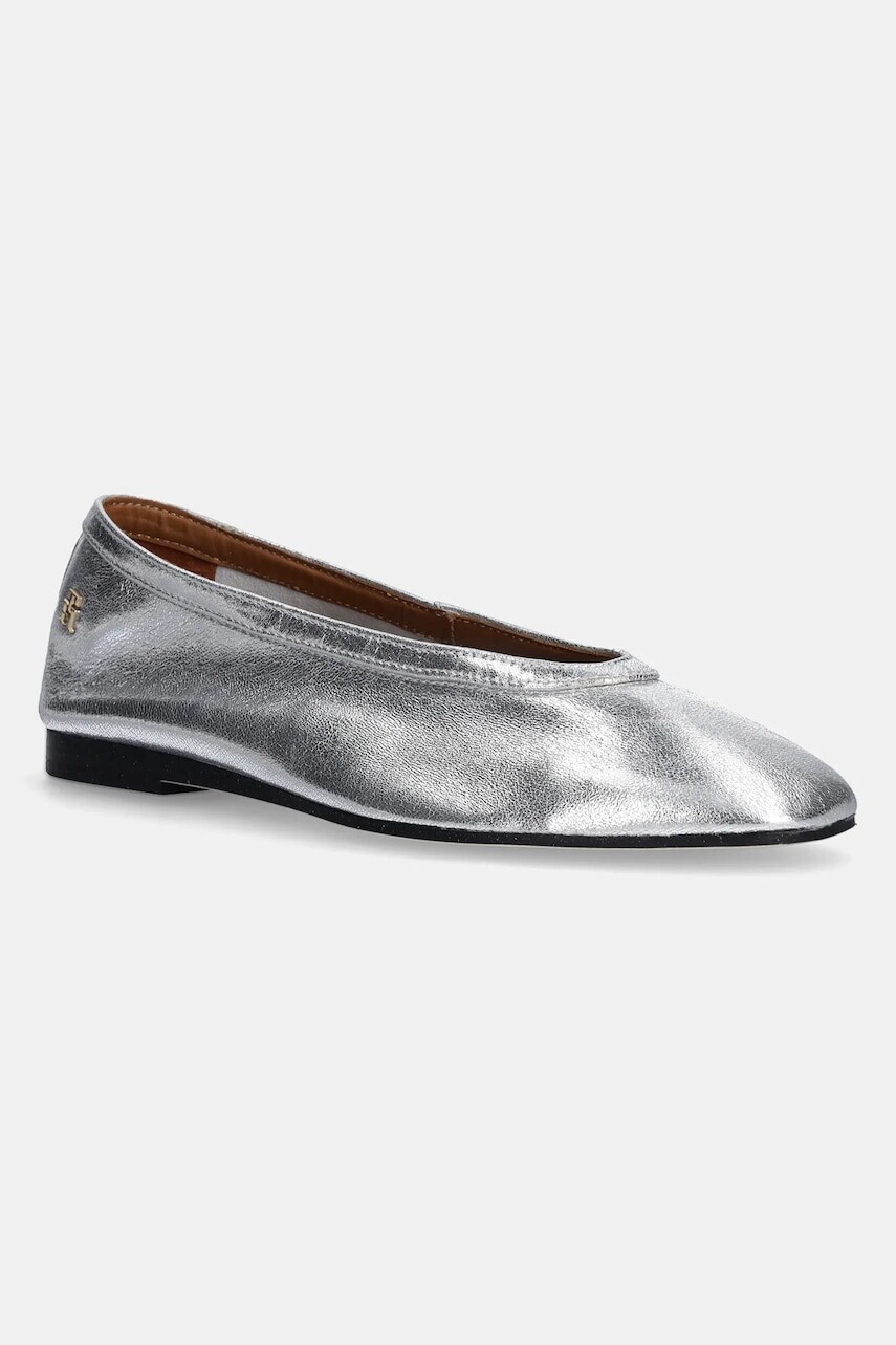 Kožené balerínky Tommy Hilfiger SOFT METAL LTHR BALLERINA NO BOW strieborná farba, FW0FW08601
