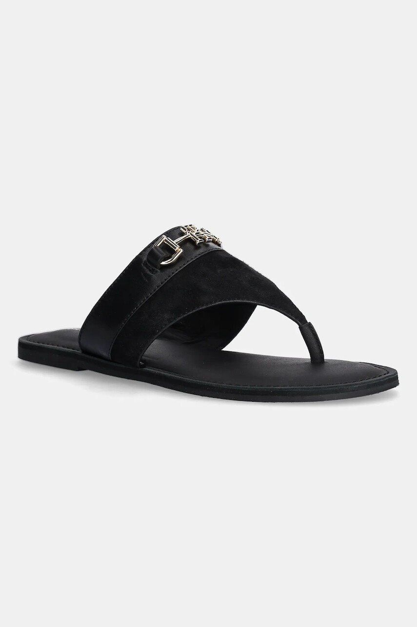 Kožené žabky Tommy Hilfiger MIXED LEATHER HORSEBIT THONG dámske, čierna farba, na plochom podpätku, FW0FW08506