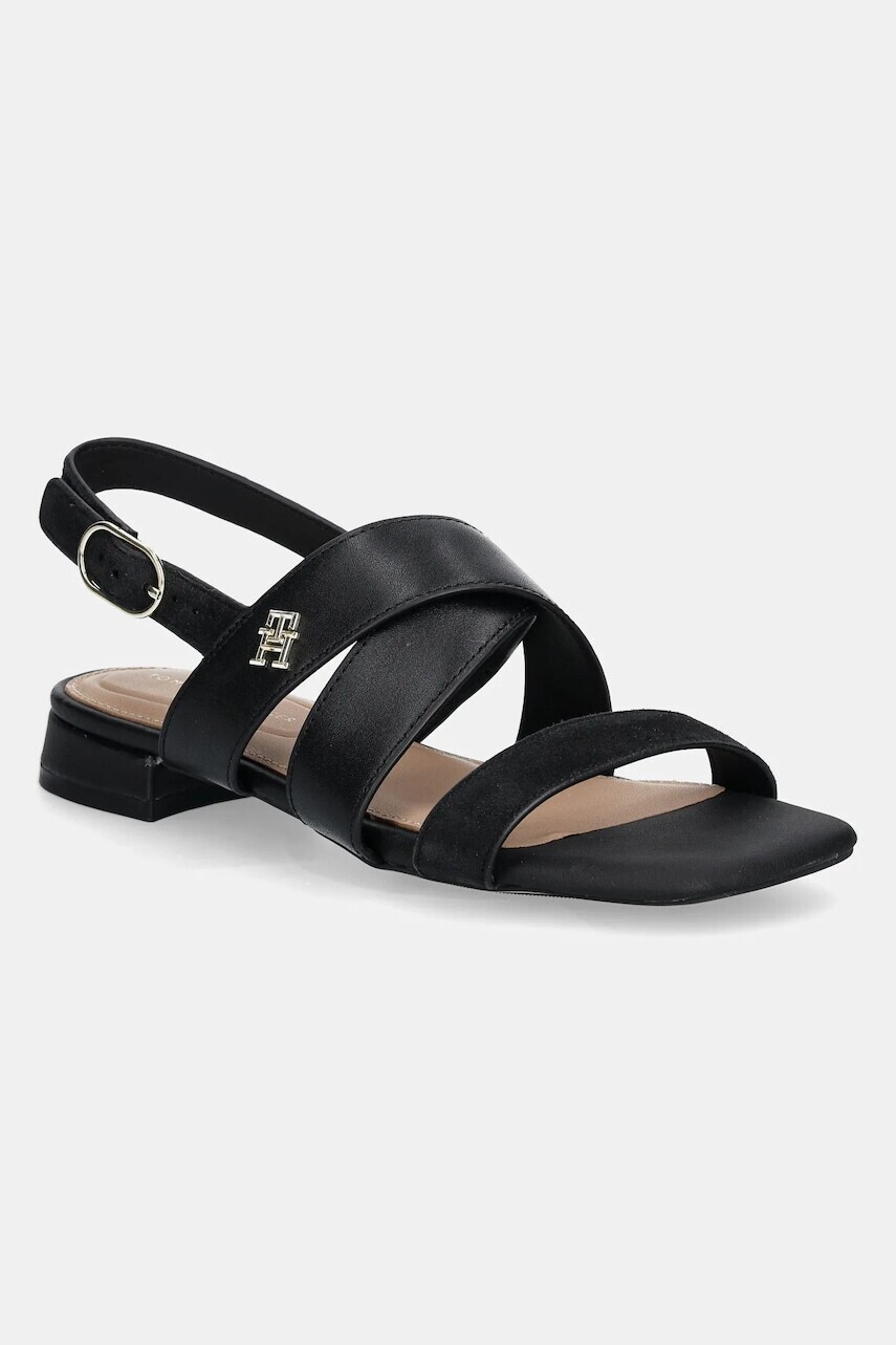Kožené sandále Tommy Hilfiger LEATHER & SUEDE FLAT SANDAL dámske, čierna farba, FW0FW08507