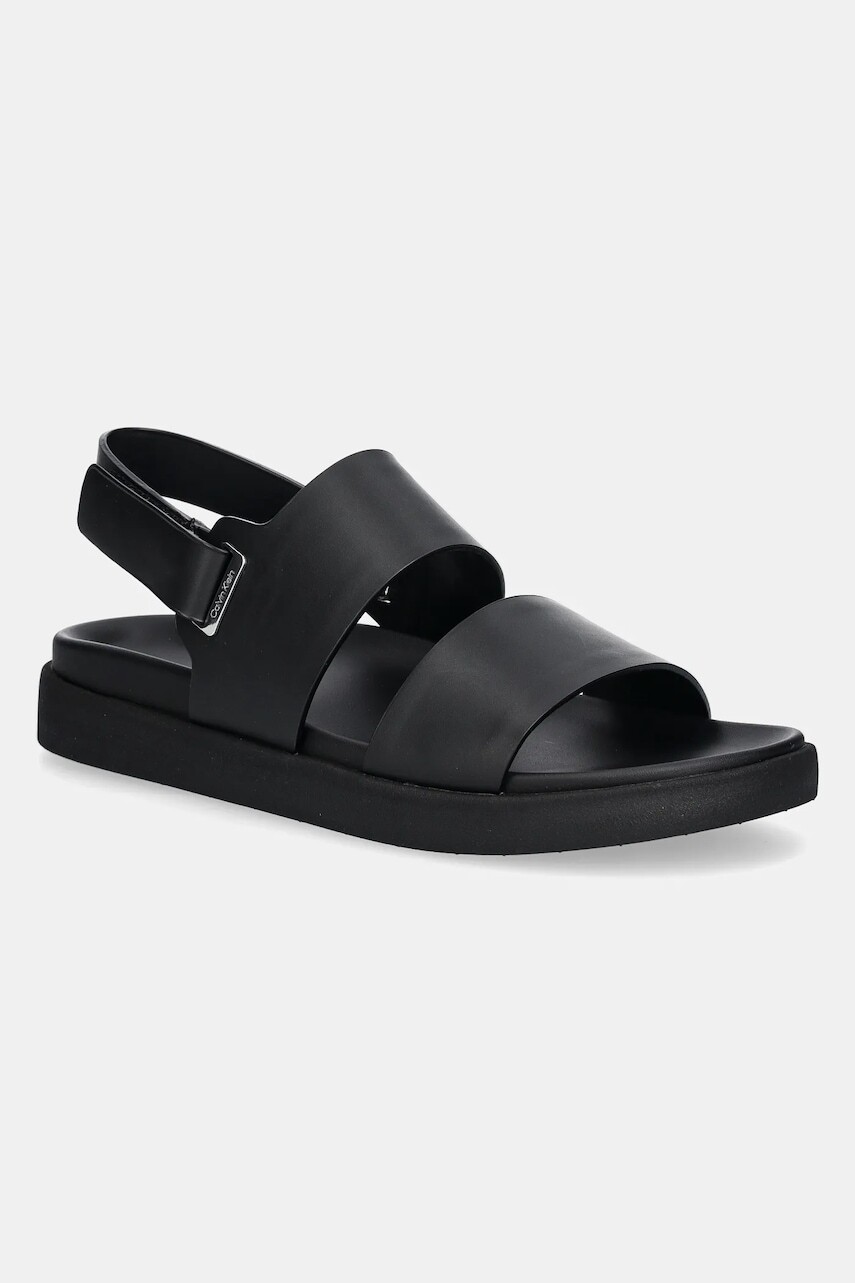 Kožené sandále Calvin Klein FLAT ADJ SANDAL EYELET dámske, čierna farba, HW0HW02488
