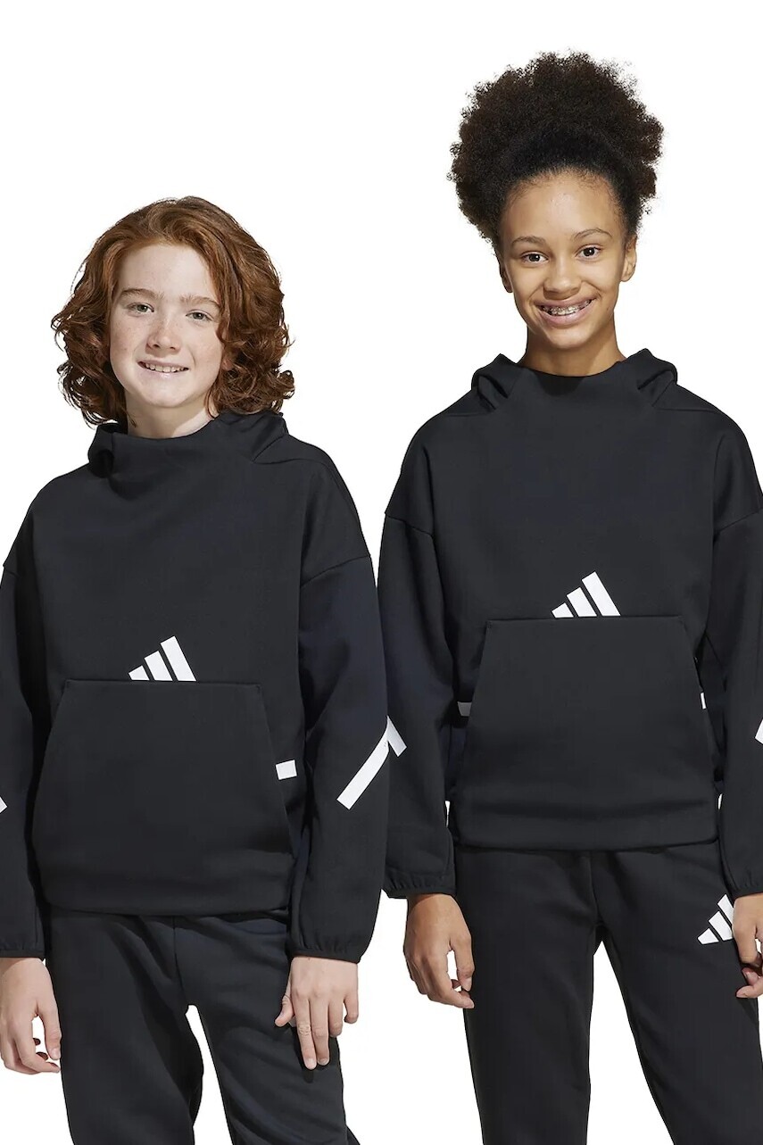 Detská mikina adidas čierna farba, s kapucňou, s potlačou, IS6916