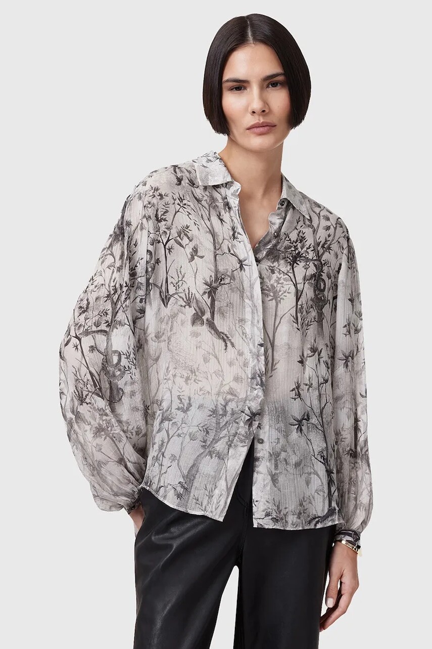 Košeľa s prímesou hodvábu AllSaints EDDIE dámske, šedá farba, voľný strih, s klasickým golierom, W044PC