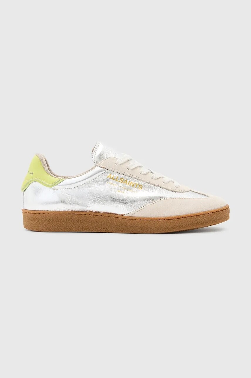 Kožené tenisky AllSaints Thelma Metallic Sneaker dámske, strieborná farba, W072FB
