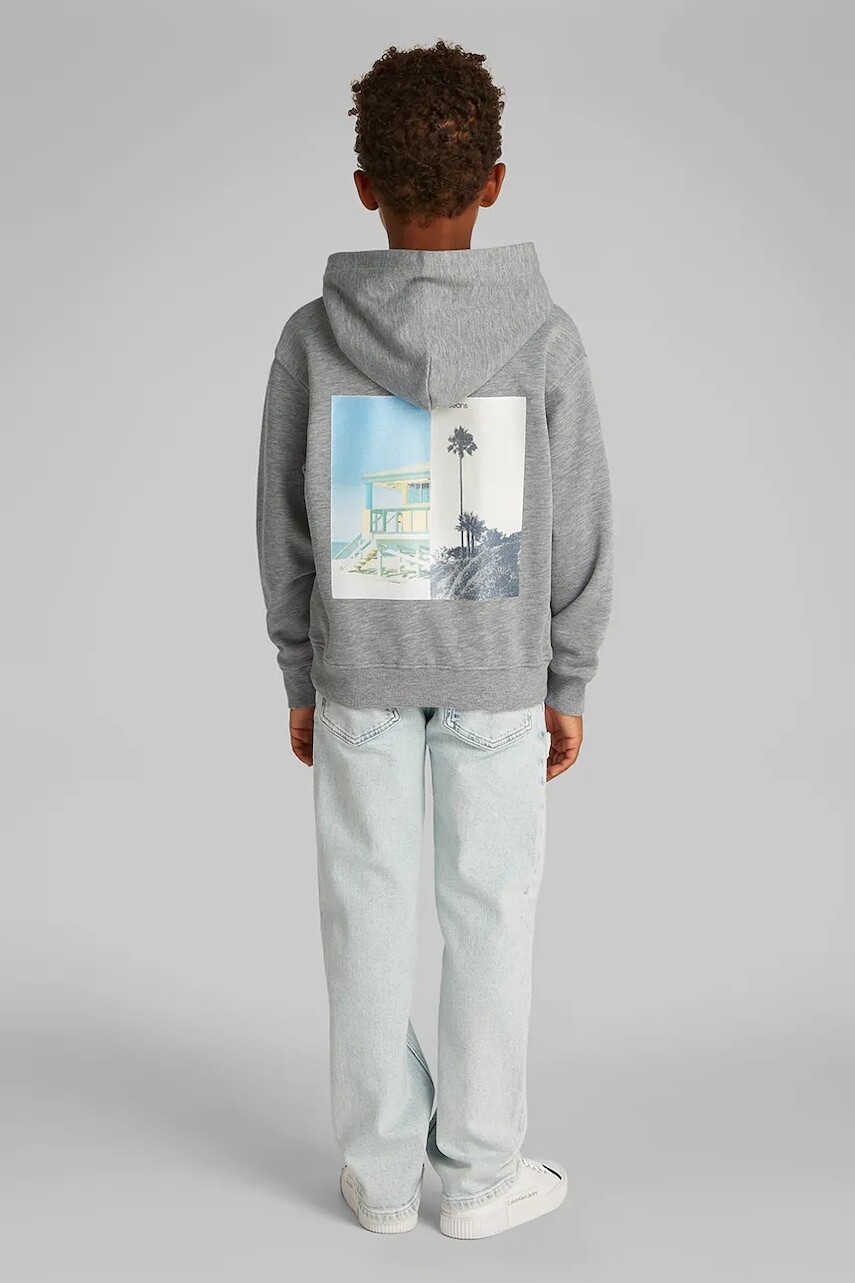 Detská bavlnená mikina Calvin Klein Jeans šedá farba, s kapucňou, jednofarebná, IB0IB02468