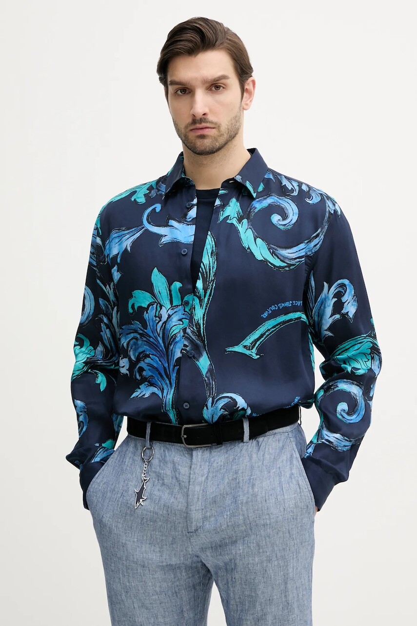 Košeľa Versace Jeans Couture pánska, tmavomodrá farba, voľný strih, s klasickým golierom, 78GAL2R0 NS632