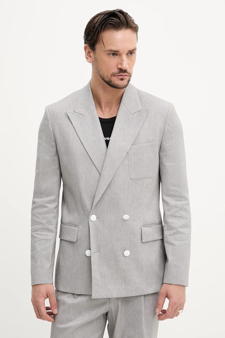 Sako s prímesou ľanu HUGO pánske, šedá farba, 50538161
