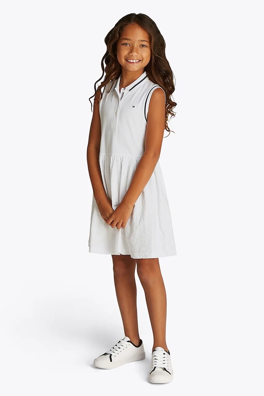 Dievčenské bavlnené šaty Tommy Hilfiger biela farba, mini, áčkový strih, KG0KG08566