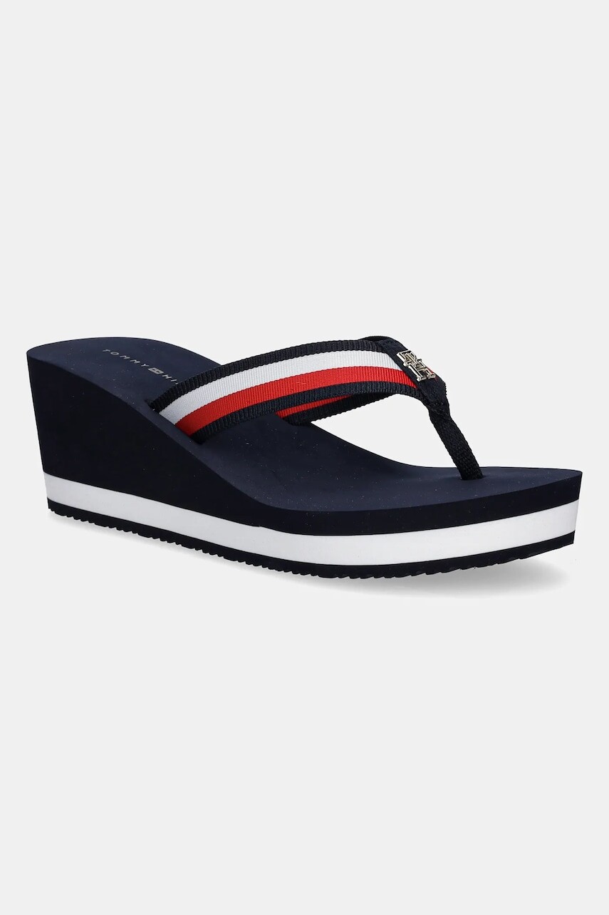 Šľapky Tommy Hilfiger TH CORPORATE WEDGE BEACH SANDAL dámske, tmavomodrá farba, na kline, FW0FW08520