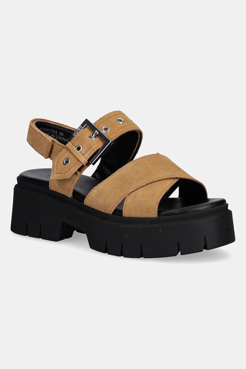 Semišové sandále HUGO Kris dámske, hnedá farba, na platforme, 50541753