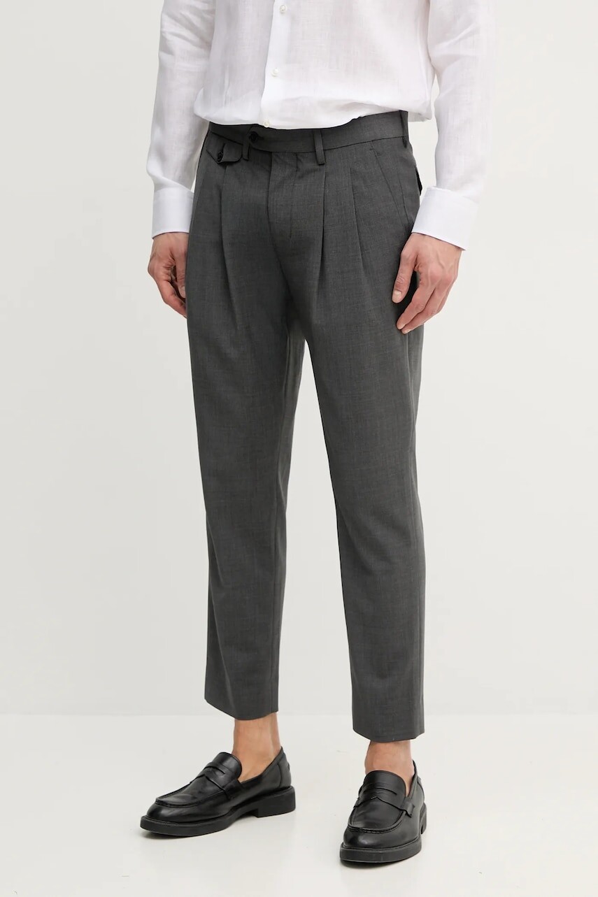 Nohavice s prímesou vlny Tommy Hilfiger pánske, šedá farba, priliehavé, SQTHL5608.SQTH401