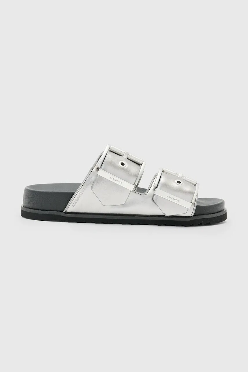 Kožené šľapky AllSaints Sian Sandal dámske, strieborná farba, W037FC