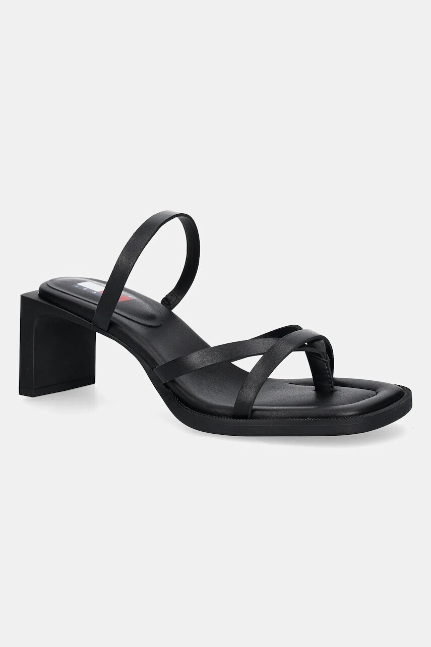 Kožené žabky Tommy Jeans THE SOHO SANDAL dámske, čierna farba, na podpätku, EN0EN02781