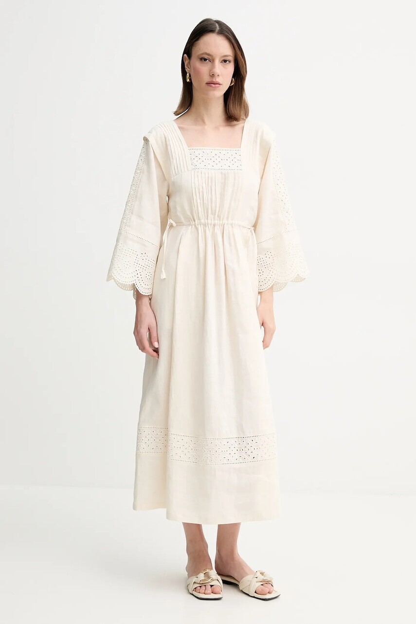 Ľanové šaty Weekend Max Mara béžová farba, maxi, áčkový strih, 2515221182600