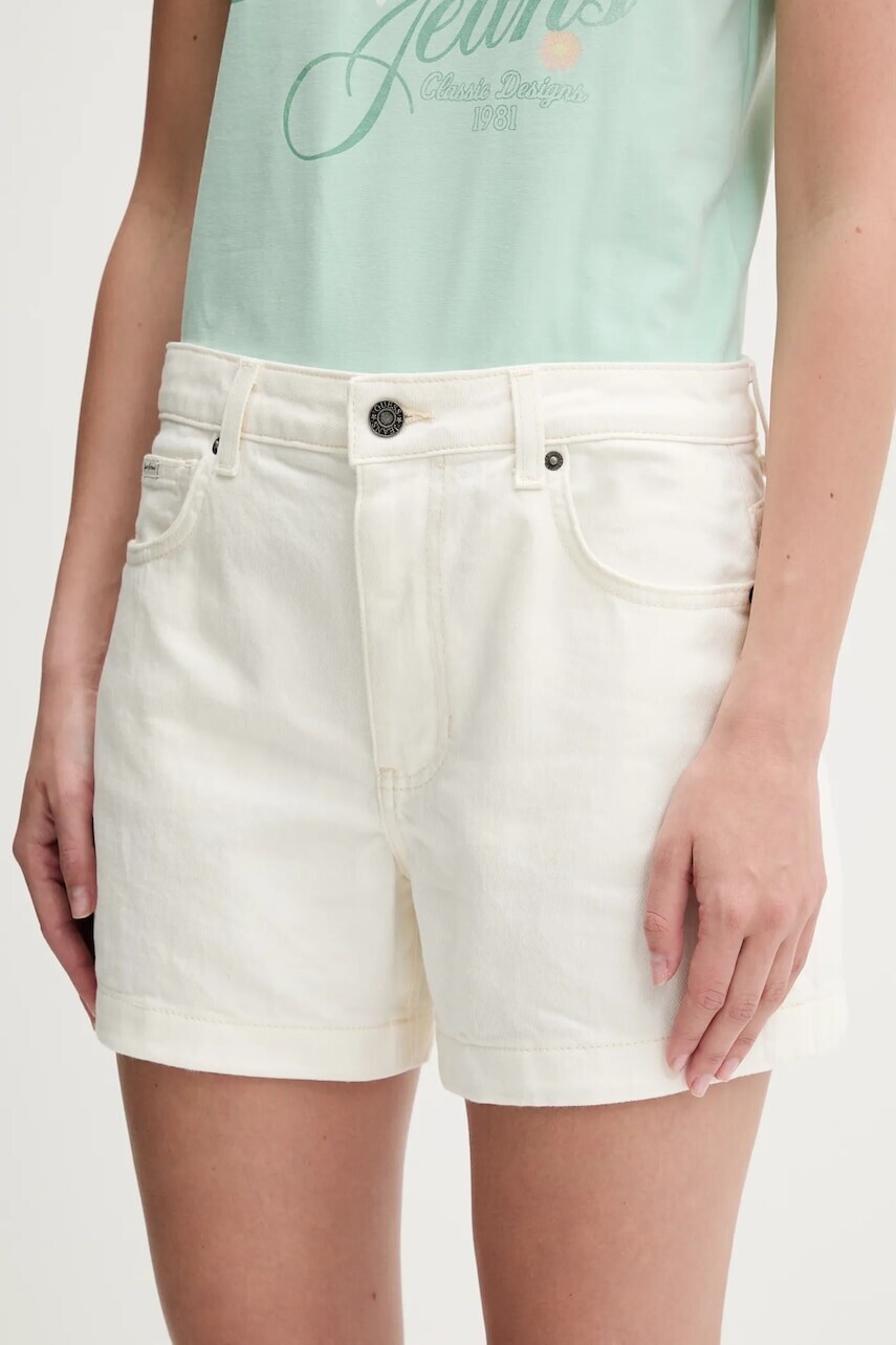 Rifľové krátke nohavice Guess Jeans dámske, béžová farba, jednofarebné, vysoký pás, W5GD0S D5M62