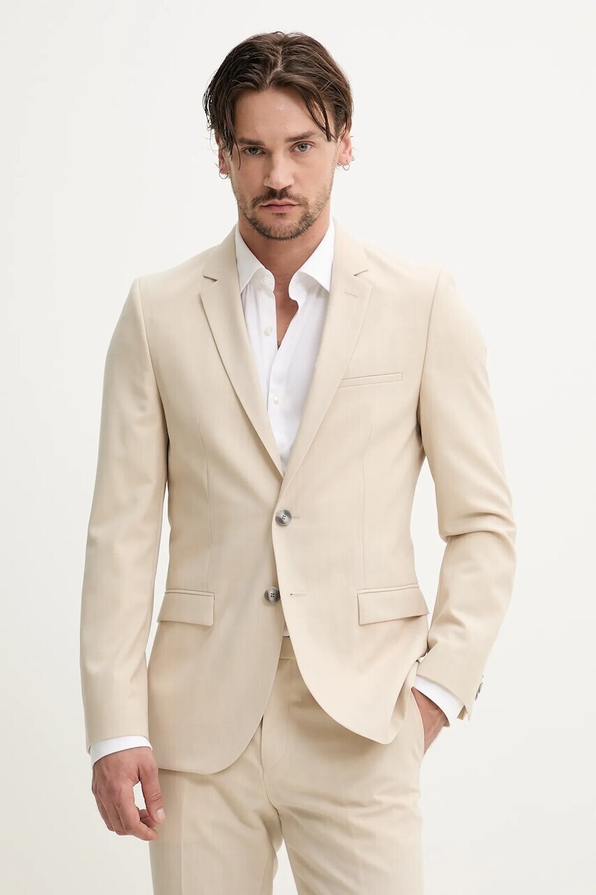 Vlnené sako HUGO pánske, béžová farba, 50540280