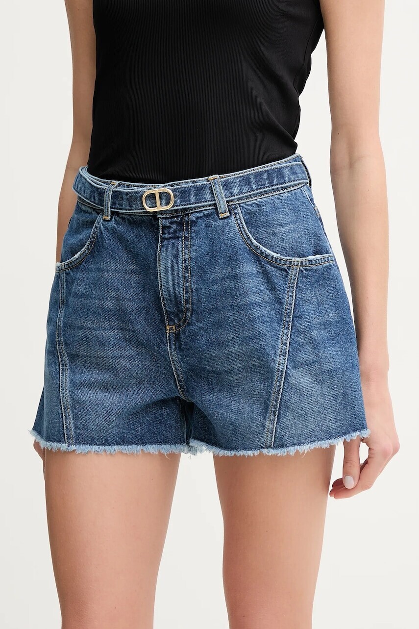 Rifľové krátke nohavice Twinset dámske, jednofarebné, vysoký pás, 251TP2575