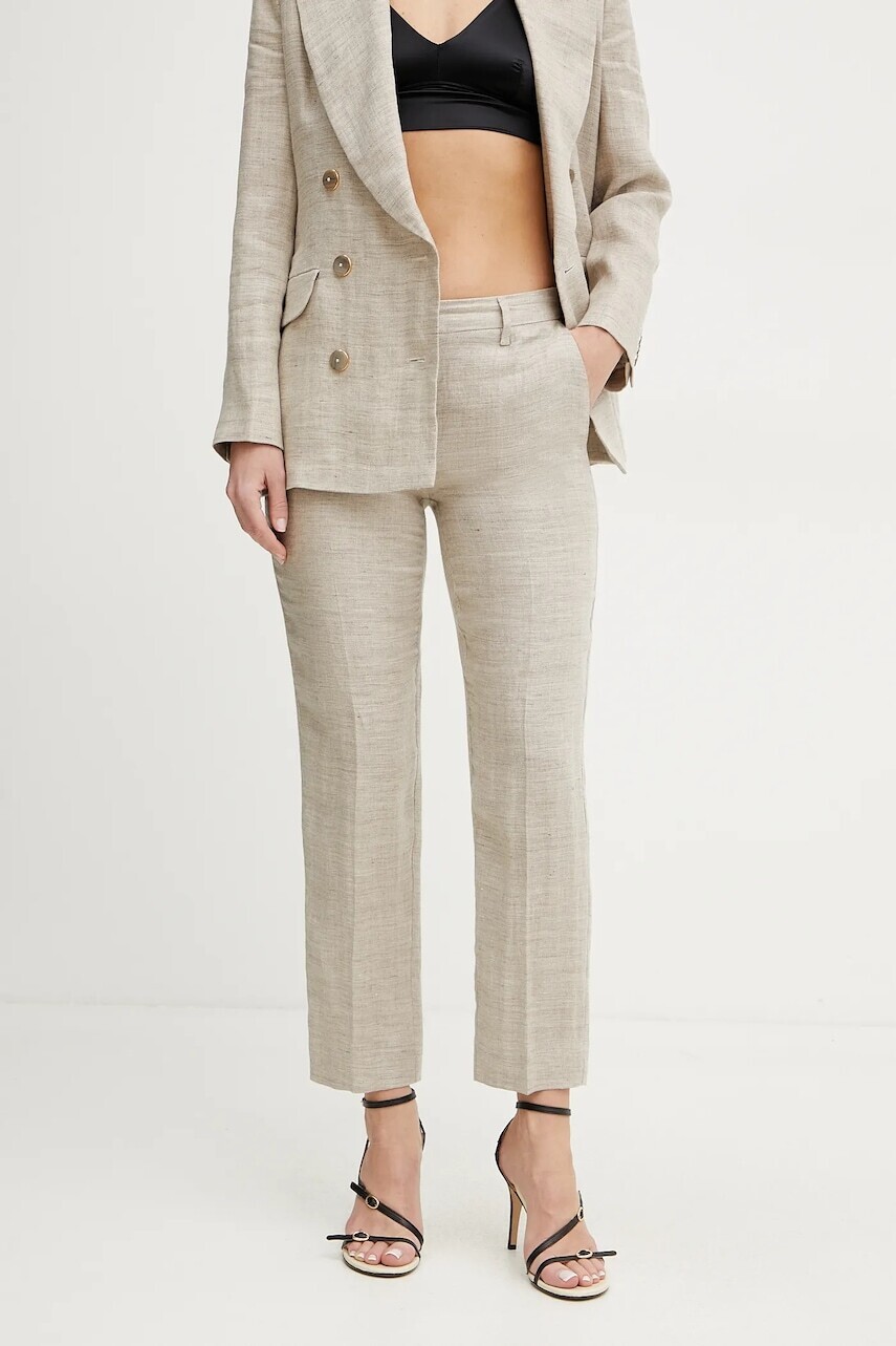 Ľanové nohavice Marella PERUGIA dámske, béžová farba, cigaretový strih, stredne vysoký pás, 2513131192200