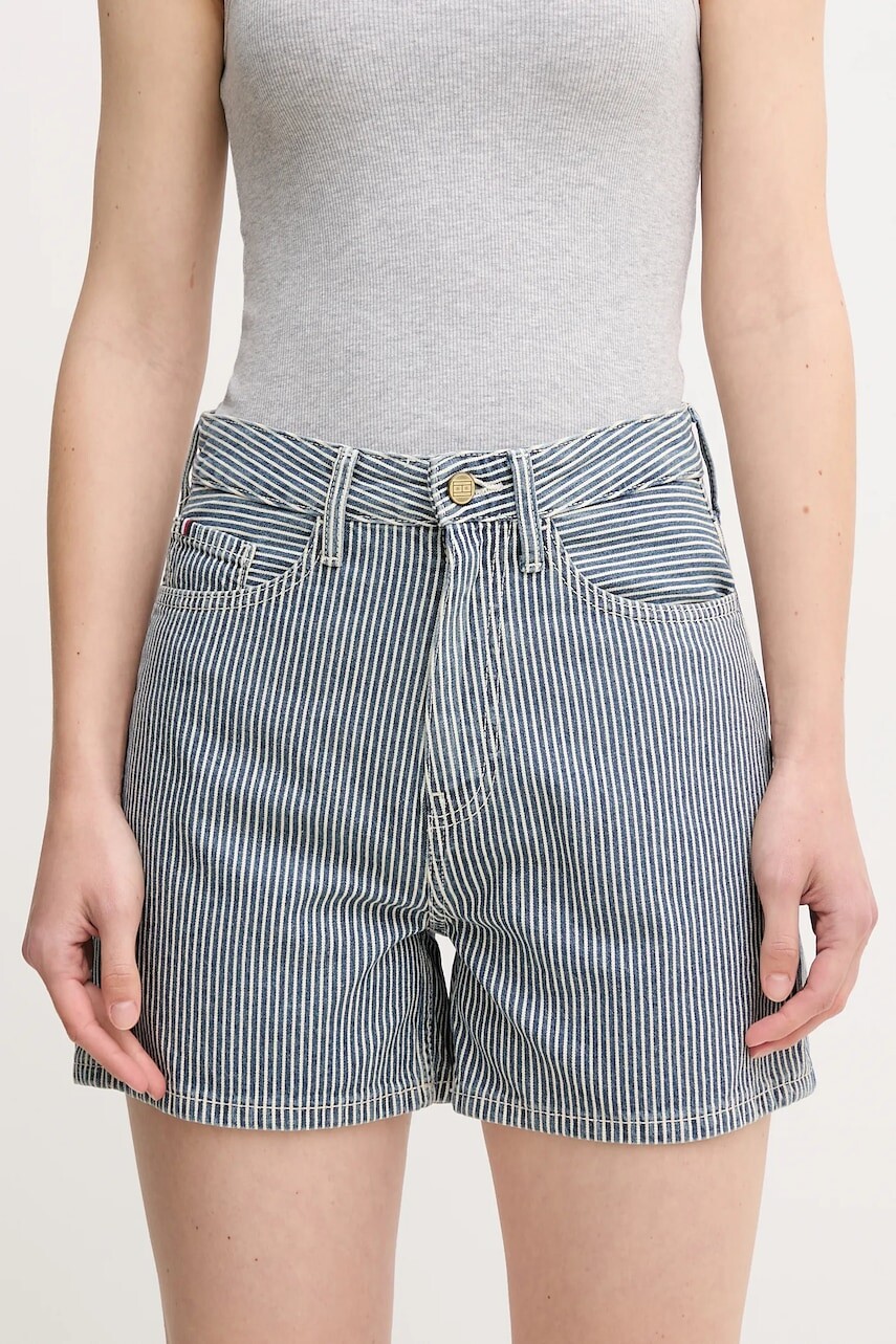 Bavlnené šortky Tommy Hilfiger dámske, tmavomodrá farba, vzorované, vysoký pás, WW0WW45925