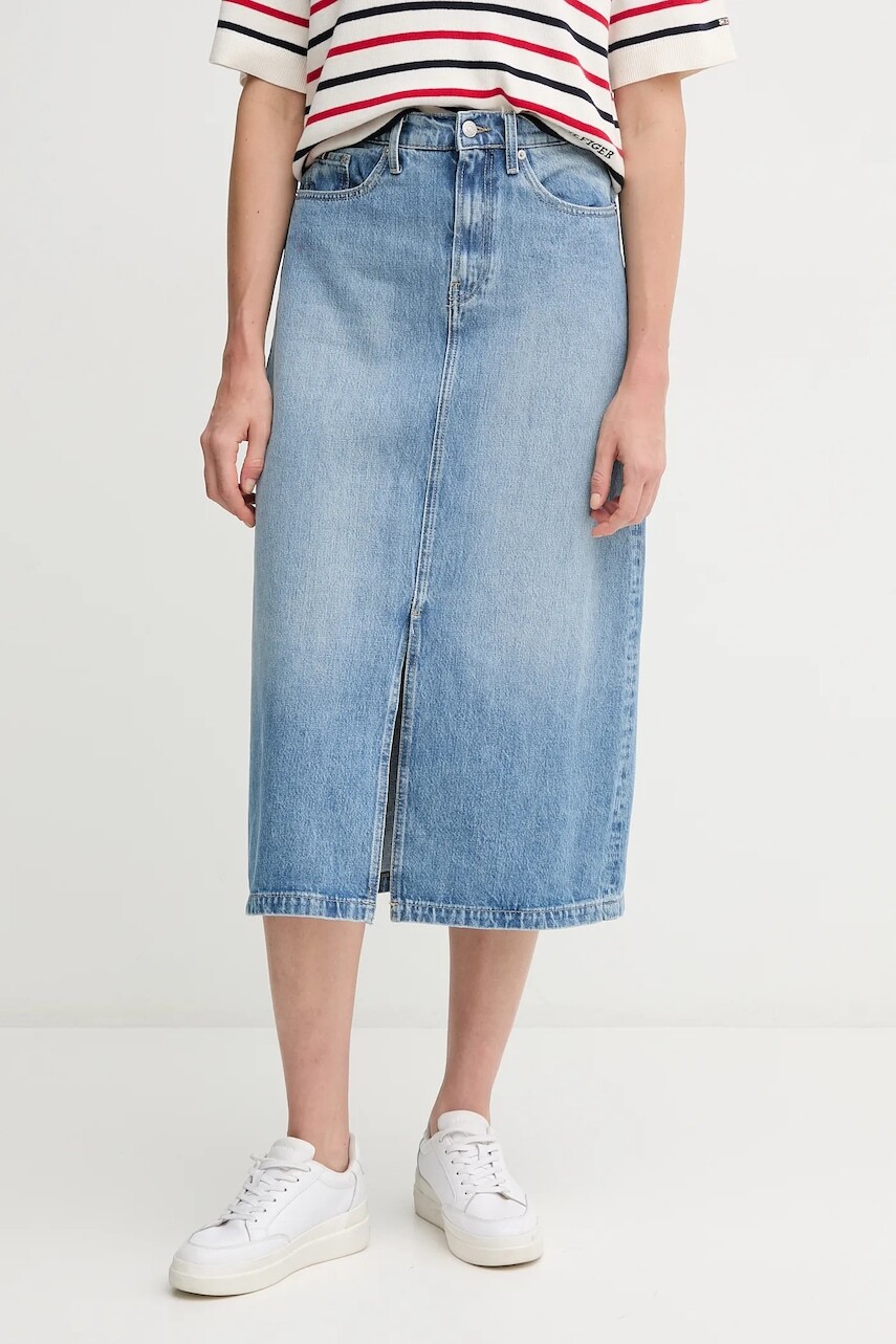 Rifľová sukňa Tommy Hilfiger midi, rovný strih, WW0WW45501