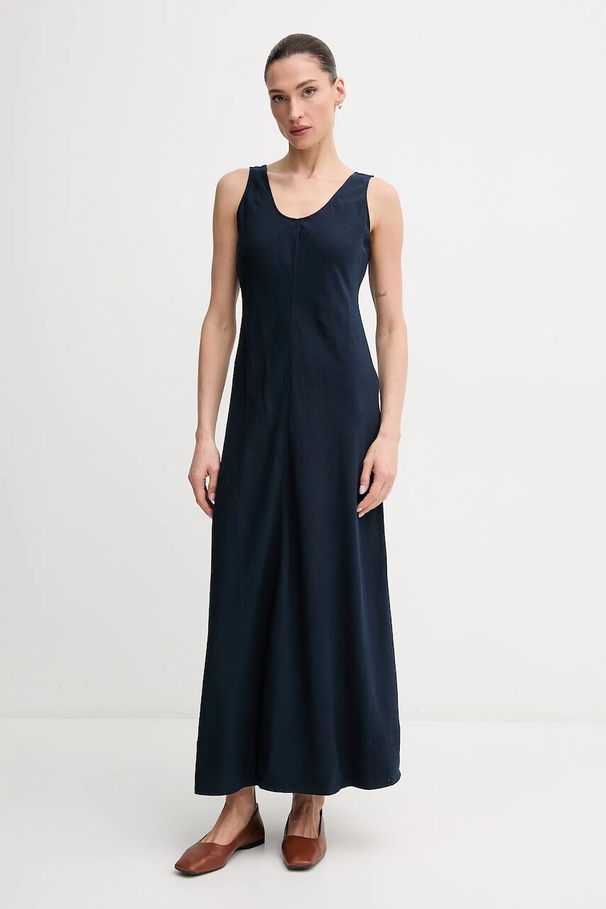 Ľanové šaty Tommy Hilfiger tmavomodrá farba, maxi, rovný strih, WW0WW46171