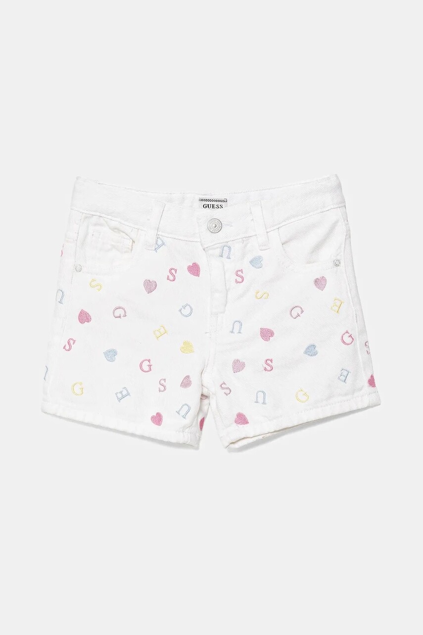 Detské bavlnené šortky Guess biela farba, s nášivkou, nastaviteľný pás K5GD15 WH630