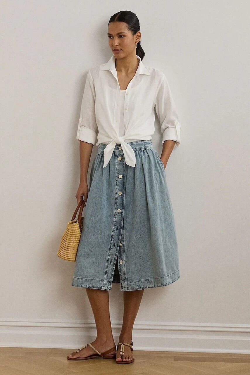 Bavlnená rifľová sukňa Lauren Ralph Lauren midi, áčkový strih, 200963898