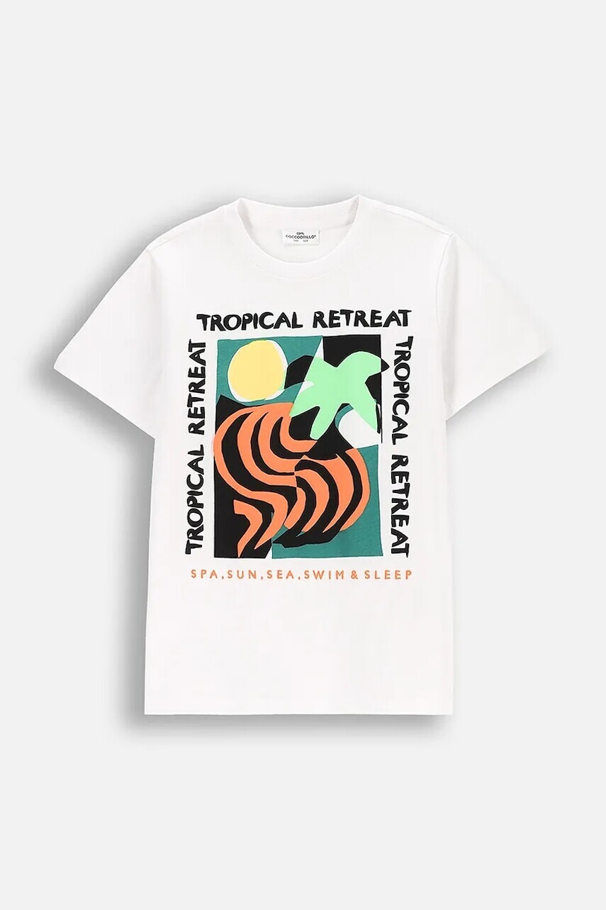 Detské bavlnené tričko Coccodrillo biela farba, s potlačou, TROPICAL STORY BOY JUNIOR