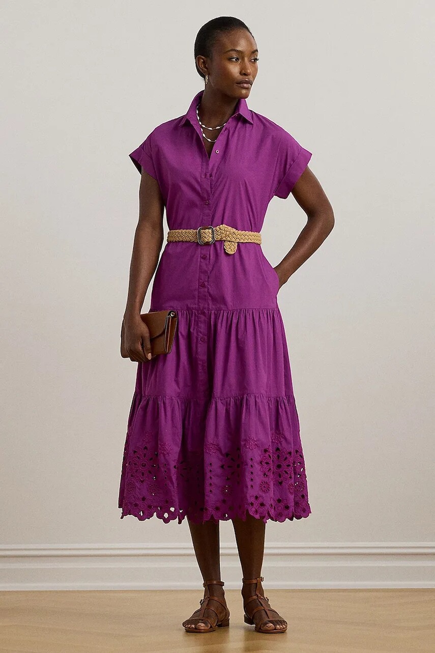 Bavlnené šaty Lauren Ralph Lauren fialová farba, midi, áčkový strih, 200970821
