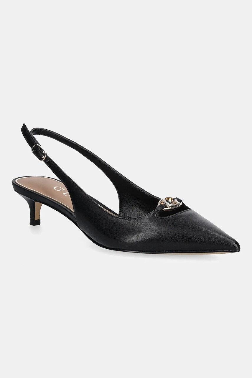 Kožené lodičky Guess JESSAH čierna farba, na nízkom podpätku, s otvorenou pätou, FLTJES LEA05
