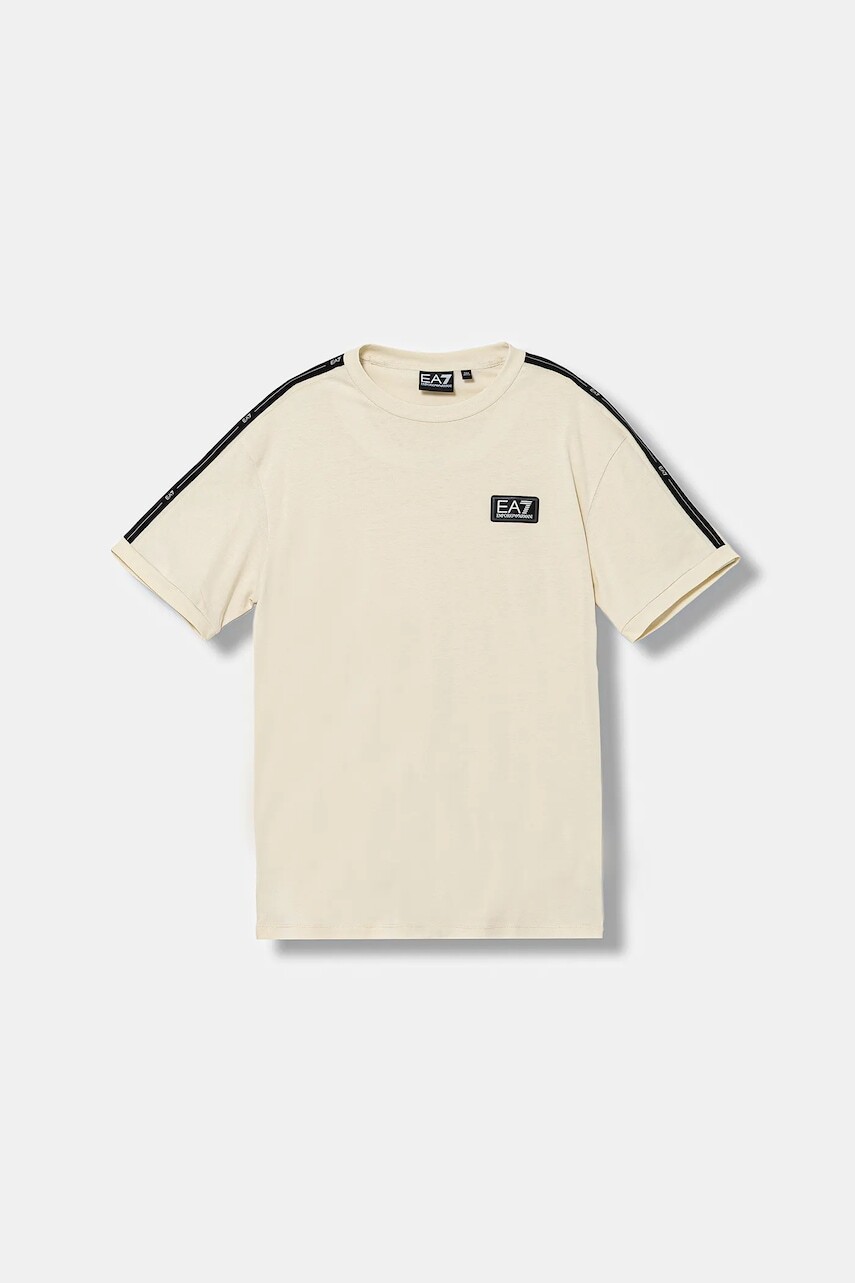 Detské bavlnené tričko EA7 Emporio Armani béžová farba, s nášivkou, 7B000190 AF10375