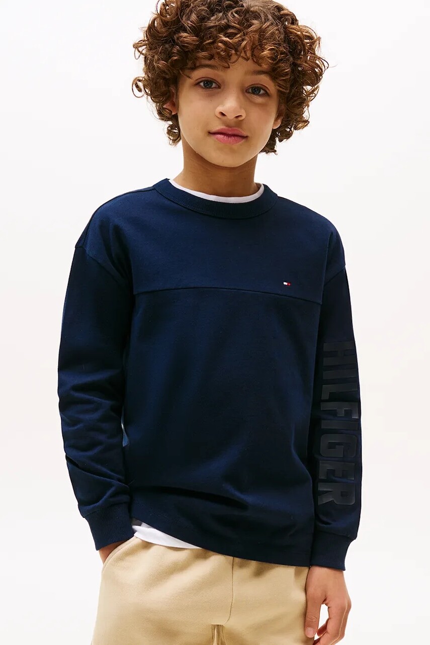 Detská bavlnená košeľa s dlhým rukávom Tommy Hilfiger tmavomodrá farba, s potlačou, KB0KB09845