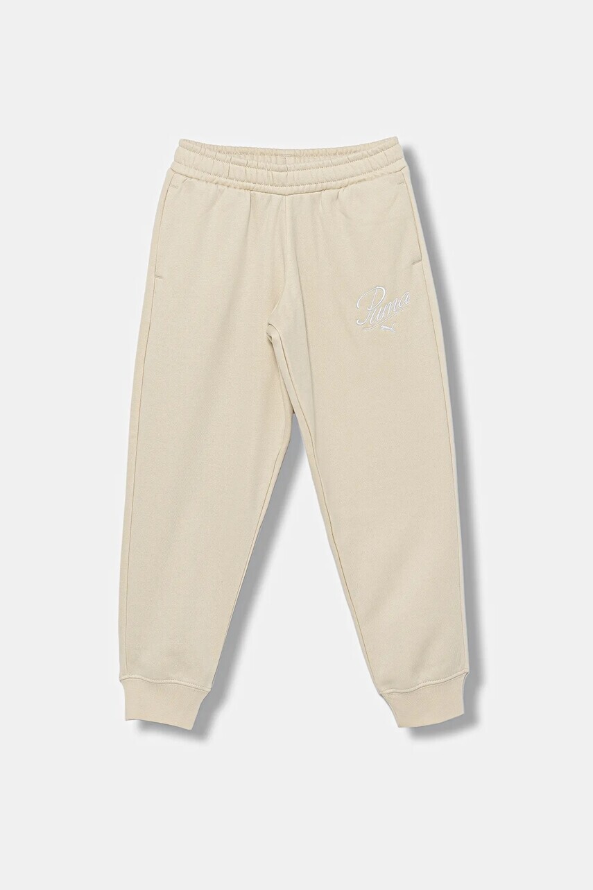 Detské tepláky Puma ESS SCRIPT Sweatpants FL G béžová farba, s nášivkou, 688729