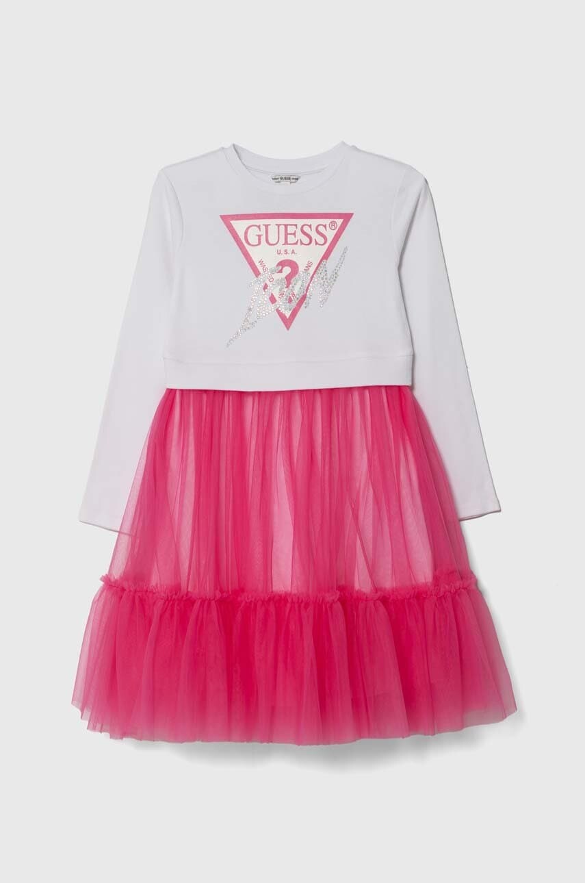 Dievčenské šaty Guess biela farba, mini, áčkový strih, J4YK06 KB8R0