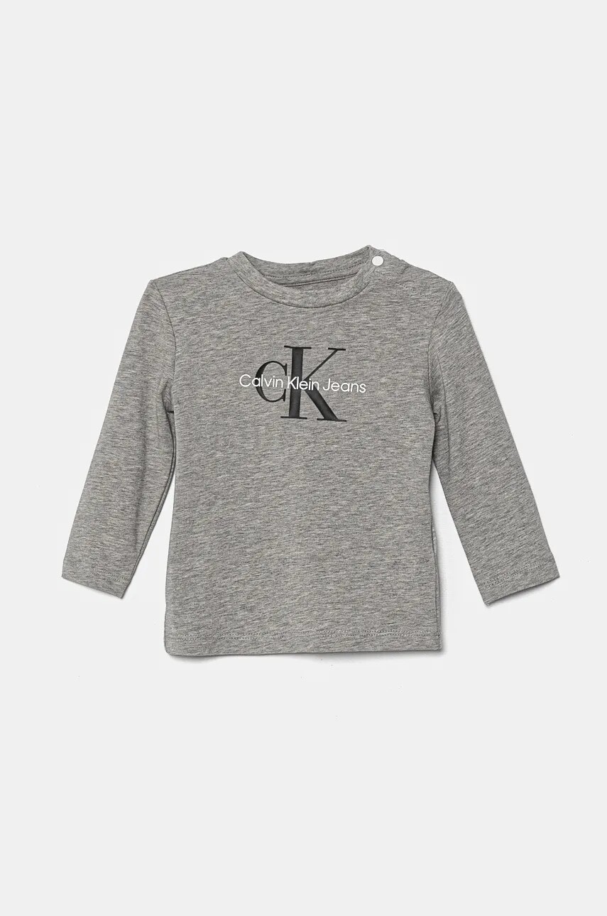 Detské tričko s dlhým rukávom Calvin Klein Jeans šedá farba, s potlačou, IN0IN00005
