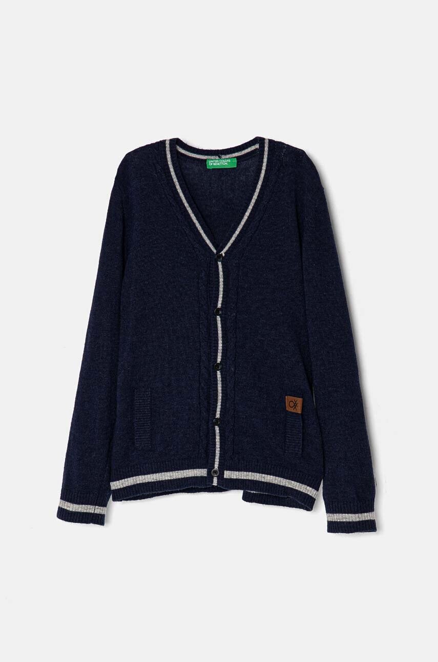Detský kardigan s prímesou vlny United Colors of Benetton tmavomodrá farba, tenký, 1LQZH600D
