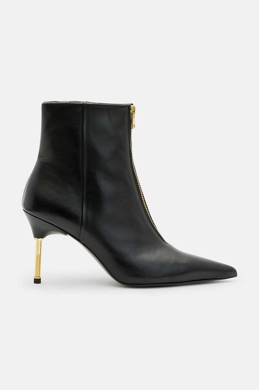 Kožené členkové topánky AllSaints Natasha Boot dámske, čierna farba, na vysokom podpätku, W001FB