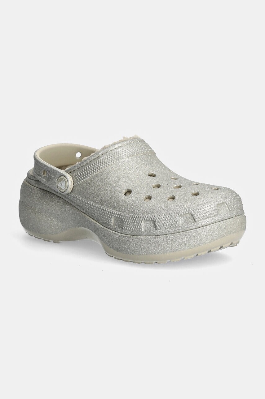 Šľapky Crocs Classic Platform Glitter Lined Clog W dámske, strieborná farba, na platforme, 210413