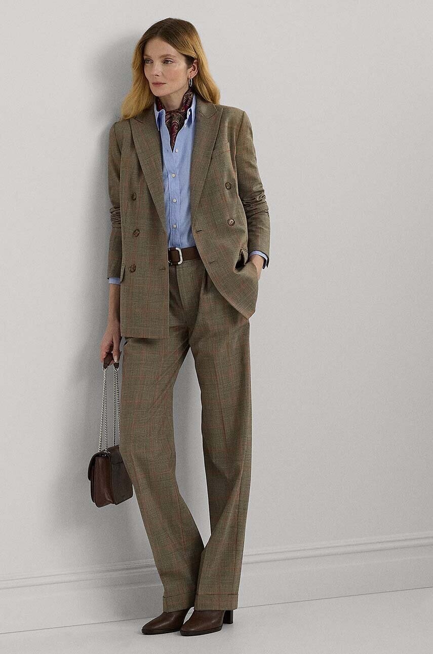 Vlnené nohavice Lauren Ralph Lauren hnedá farba, široké, vysoký pás, 200940239